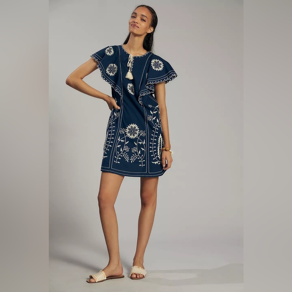 LET ME BE by ANTHROPOLOGIE Embroidered Tunic Dress in Blue Motif - Picture 3 of 11